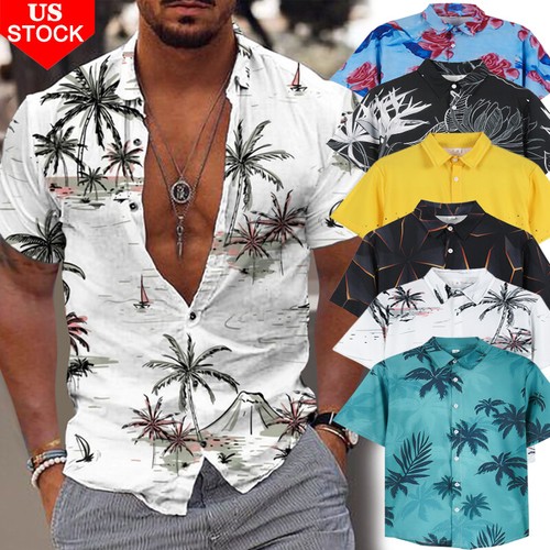 Mens Tropical Style Hawaiian Shirts Floral Print Short Sleeve Beach Vacation Top
