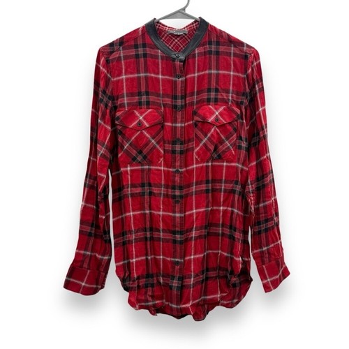 Camisa Vince roja a cuadros de cuero de cordero manga larga con botones talla 8 - Imagen 2 de 13