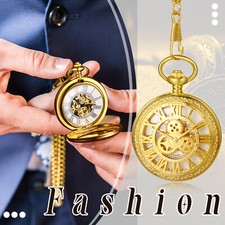 Vintage Luxury Gear Mechanical Skeleton Roman Numeral Dial Pocket Watch Necklace