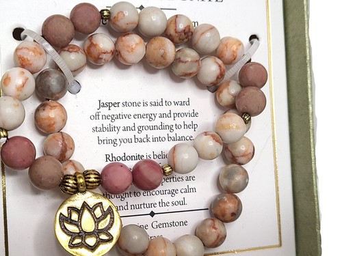 NIB Shivam Brass Jasper Rhodonite Polished Gem Stone Bead Boho Stretch Bracelet - Picture 8 of 8
