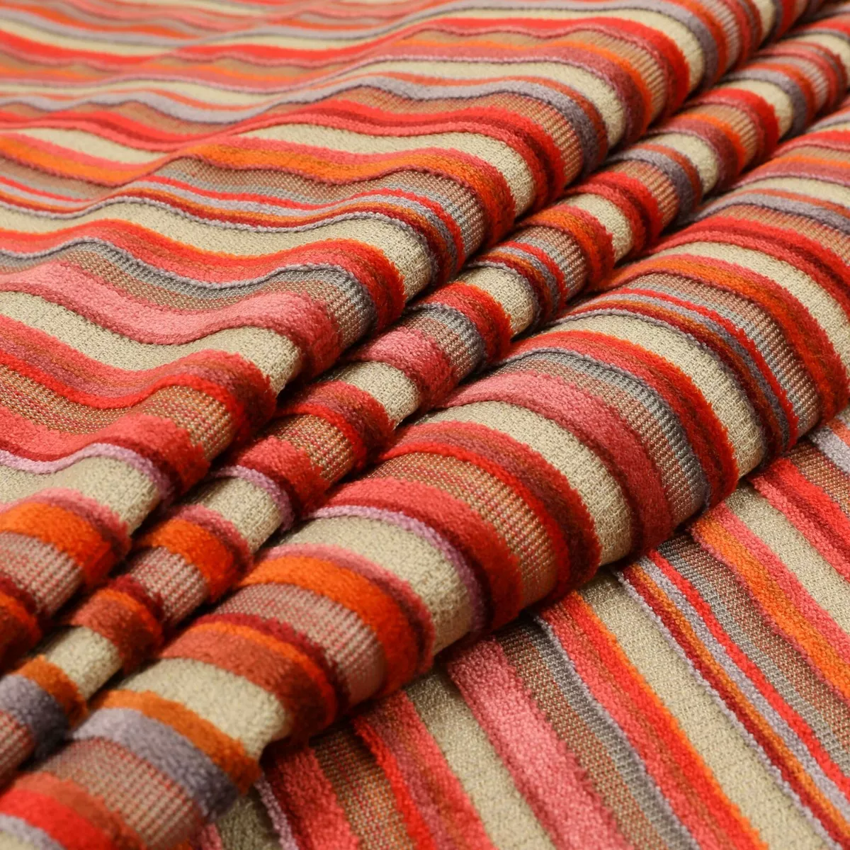 Grey Red Orange Striped Patterned Velvet Upholstery Curtains