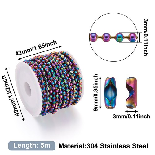 16.4 Feet Rainbow Stainless Steel Ball Bead Chains 3mm Matching Connectors - Picture 3 of 5