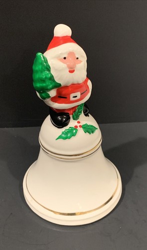 Christmas Santa Tree Ceramic Bell ~ White w/ Gold Trim 6" x 3.5" Vintage