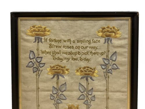 Antique Arts And Crafts Silkwork Embroidered Panel Yellow Roses And Verse C1900 - Picture 5 of 6