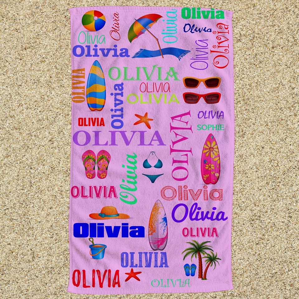 Toalla de playa personalizada con nombre - vibrantes decoraciones de verano Foto 3 de 4