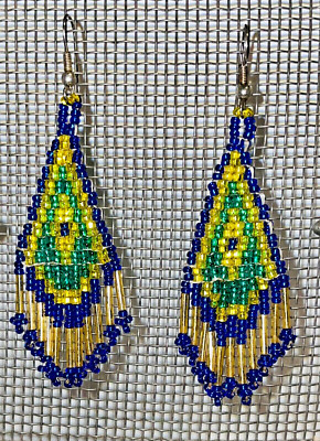DANGLE DROP PIERCED EARRINGS GREEN YELLOW BLUE SEED BEAD 3''LONG BOHO HANDMADE
