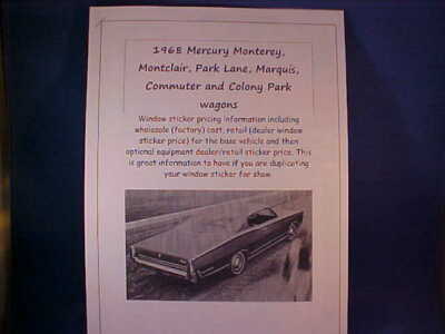 1968 Mercury Big-Car dealer cost/retail window sticker price $ car + options '68