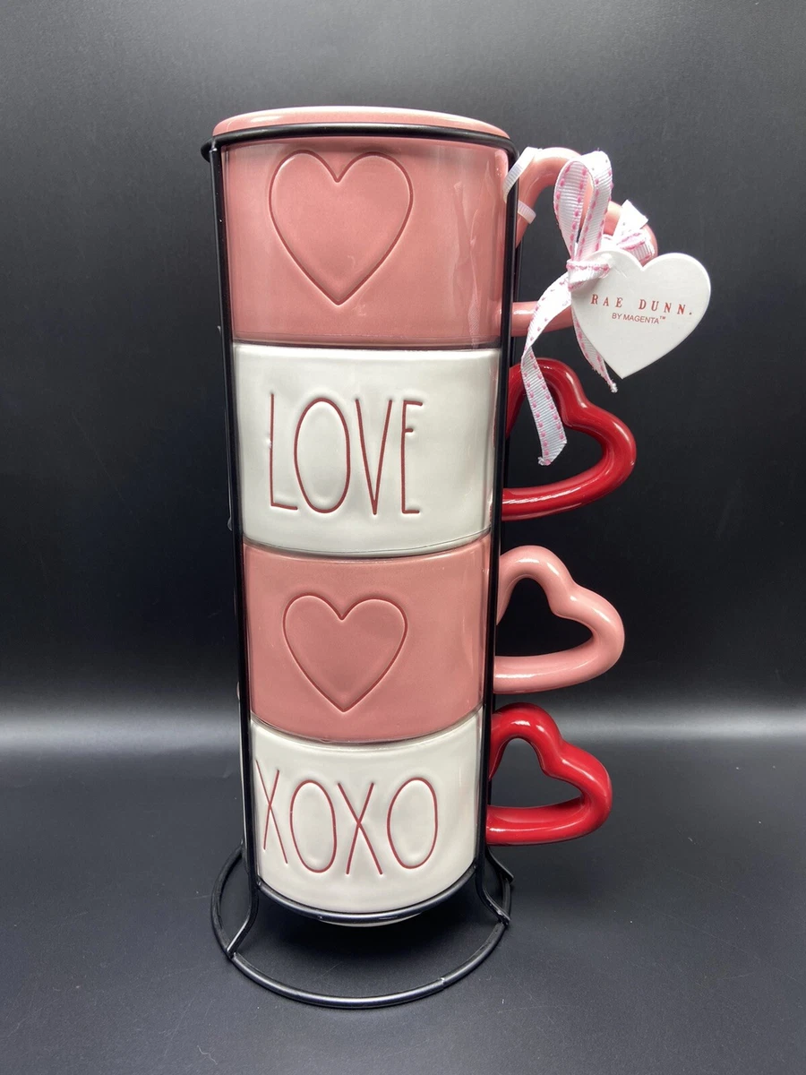 Rae Dunn Valentine Stacking Stacker Mugs With Stand Pink And White