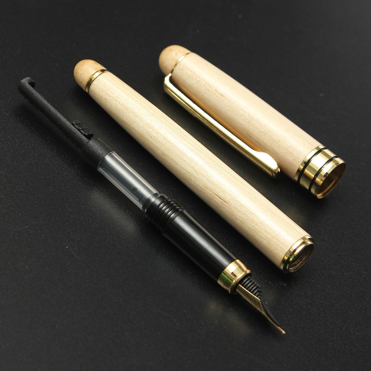 NEW Calligraphy Timber Fountain Pen Refillable Bladder Maple wood Black