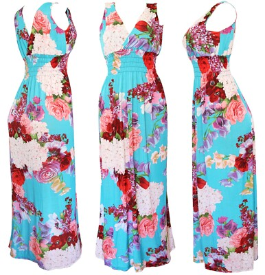 #ad Women#x27;s Deep V Neck Multi Floral Smocked Waist Summer Sundress Long Dress