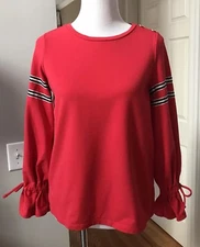 Crown & Ivy Top Size PS Red Trim In White And Navy Stripe Long Sleeve W/ Ruffle