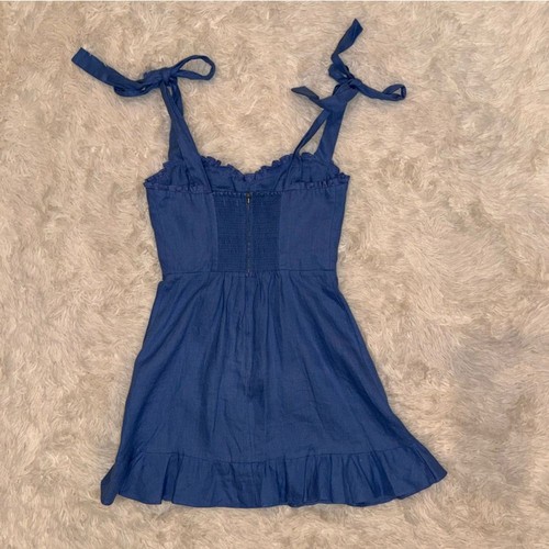 NWOT Reformation Desiree Linen Shoulder tie sweetheart neckline blue mini Dress - Picture 3 of 5