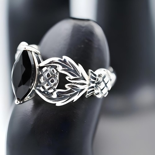 ANILLO DE PLATA ESTERLINA MACIZA 925 ÁGATA NEGRA CARDO ESCOCÉS ESTILO VINTAGE 1777 - Imagen 4 de 4