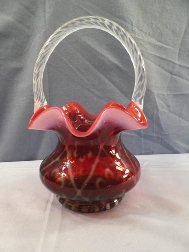 Fenton Cranberry Opalescent Glass Criss Cross Pattern Basket