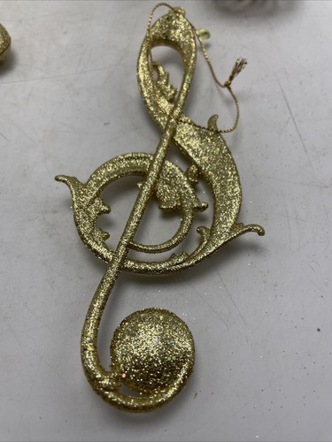 Lote de 4 notas musicales adorno árbol de Navidad brillo dorado 5,75" vintage vacaciones - Imagen 9 de 10