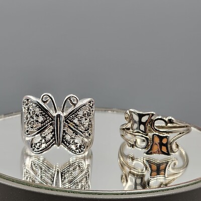 925 sterling セット…… Butterfly Ring Set (2) Silver Tone Filigree Figural Sz 7 Double