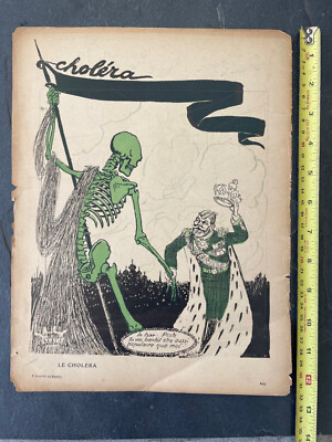 SINGLE PAGE 1908 French Illustration Art Cholera Epidemic Grim Reaper Skeleton
