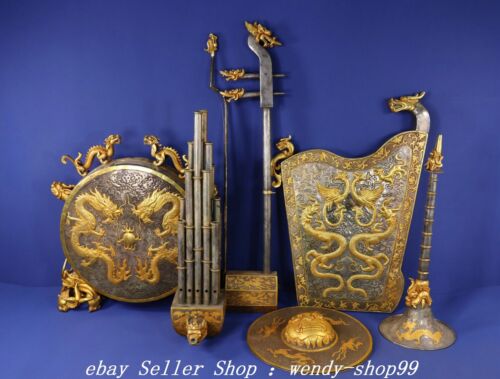 25" Old Dynasty Copper 24 K Gold Silver Dragon Phoenix Musical instrument Set - Picture 2 of 9