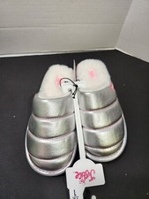 Girl's size 13/1 Justice slippers shinney silver slip-on faux fur lining new