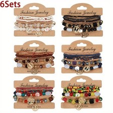 6Set Women Boho Multilayer Natural Stone Crystal Bangle Beaded Bracelet Jewelry