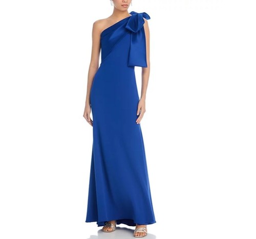 Betsy & Adam Women's Bow Trimmed One Shoulder Gown, Indigo, 8