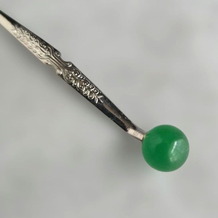Vintage Semi-Antique Green Stone Jade Hairpin Japanese Kimono Accessory Worn Con