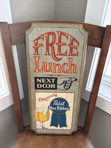 Vintage Wooden Pabst Blue Ribbon Beer Free Lunch Next Door Sign Man Cave 1970s