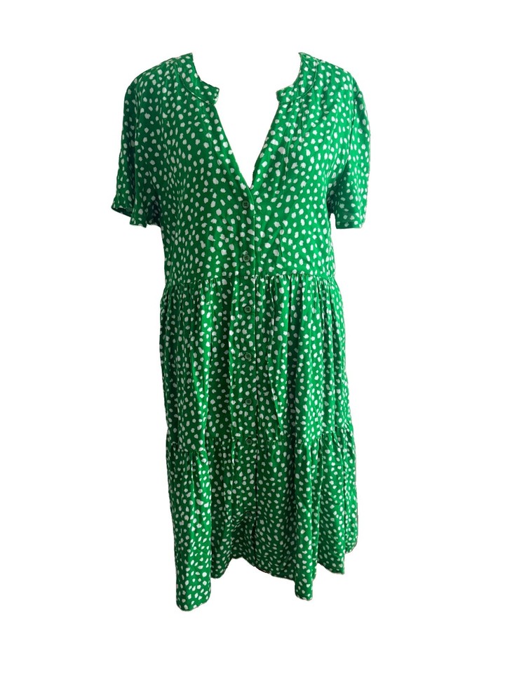 St Frock Dress, Green White  size 10 Buttons Ruffle Baby Doll Summer Dress Rayon