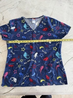Dr. Seuss V Neck Scrub Top One Fish, Two Fish... Navy Women's 3 Pockets.  M?