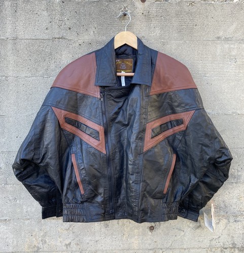 VTG Corso Italia Leather Bomber Jacket Mens Large Soft Black And Brown Chevron - Picture 1 of 8