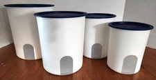 Vintage Tupperware One-Touch Canisters White With Blue Lids (Set of 4)