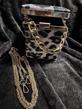 Black Grey Cheetah Print Faux Leather Square Purse W/ Crossbody Strap
