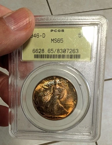 1945-D PCGS Walking Liberty Half MS65 Lovely toning OGH
