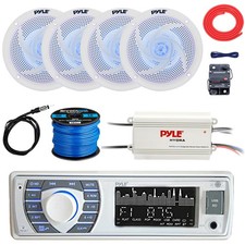 Pyle Bluetooth Receiver, 4x 6.5'' Blue LED Speakers, Amp w/Kit, Wire, Antenna