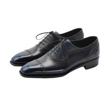 Handmade Navy Blue CapToe Real Leather Dress Office Oxford Lace Up Shoes For Men