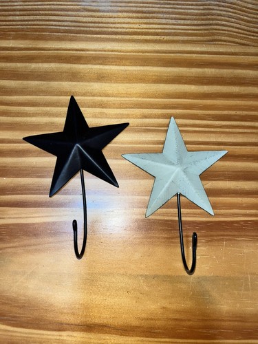 Set of 2 Tin Metal Country Primitive style Barn Stars w Hooks - Picture 1 of 1