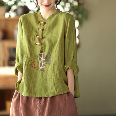 Ethnic Women Embroidery Cotton Linen T-Shirts Casual Tops Blouse Retro Chinese