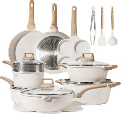 CAROTE Nonstick Cookware Sets White Granite coating Induction Cooking Set , 21Pc