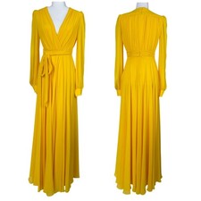 Mac Duggal NWT Mango Yellow Long Sleeve Faux Wrap Chiffon Belted Maxi Gown Sz 2