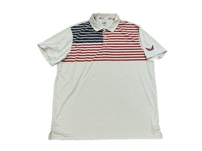 PUMA Volition America Sz 2XL Red Gray Blue Striped Polo Shirt Embroidered Sleeve