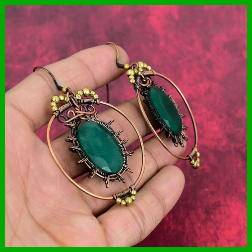Copper Natural Zambian Emrald Wire Wrapped Birthday Dangle Drop Hook Earrings - Picture 4 of 11