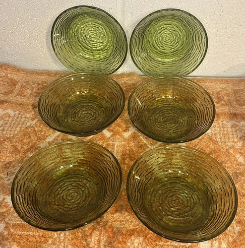 VTG Anchor Hocking Soreno Avocado Green Salad Bowls - Set of 6 Textured Glass