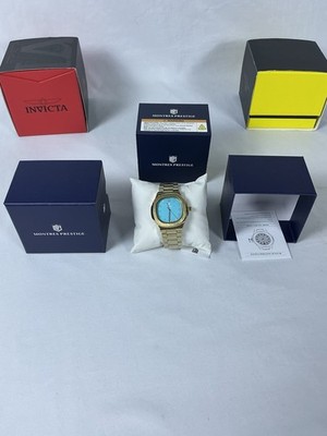 Montres Prestige Gold Stainless Steel Quartz Blue Dial Water-Resistant Watch