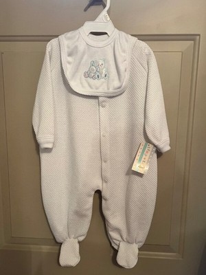 VTG New TINY TOES Baby Infant sleep &play pajama sleeper Bunny Bear Bib sz L NWT