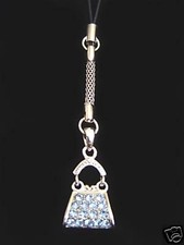 PURSE CELL PHONE CHARM STRAP WITH BLUE CRYSTALS SILVER TONE