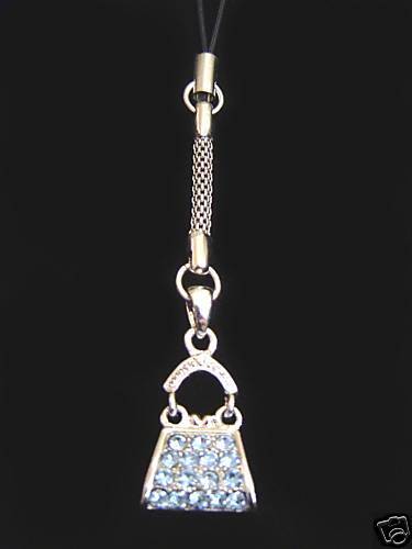 PURSE CELL PHONE CHARM STRAP WITH BLUE CRYSTALS SILVER TONE - Picture 1 of 1