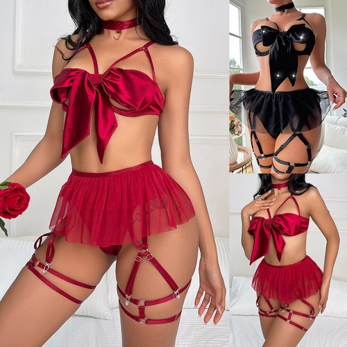 Women Sexy Bowknot Bandeau Night Skirts Suspender Garter Sets Lingerie Sleepwear