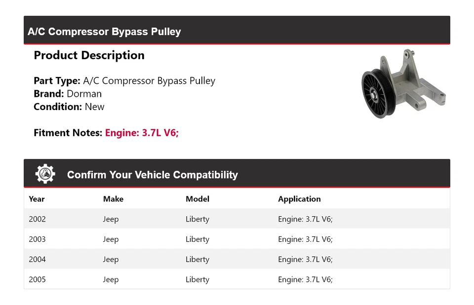 Обходной шкив компрессора кондиционера Dorman для Jeep Liberty 3,7 л 2002-2005 годов выпуска 2003 2004 годов выпуска - Изображение 2 из 4