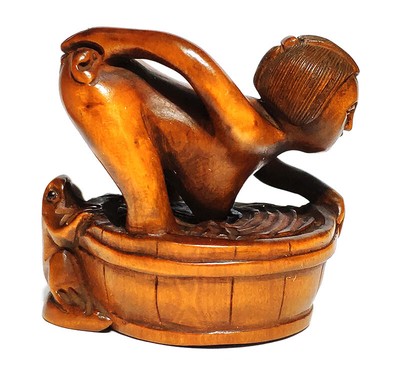 Q4269-2/" Hand Carved Japanese Boxwood Netsuke Oriental Couple