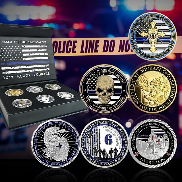 Police Challenge Coin Lot With Premium Blue Ribbon Gift Box, Set of 6, Gifts Men